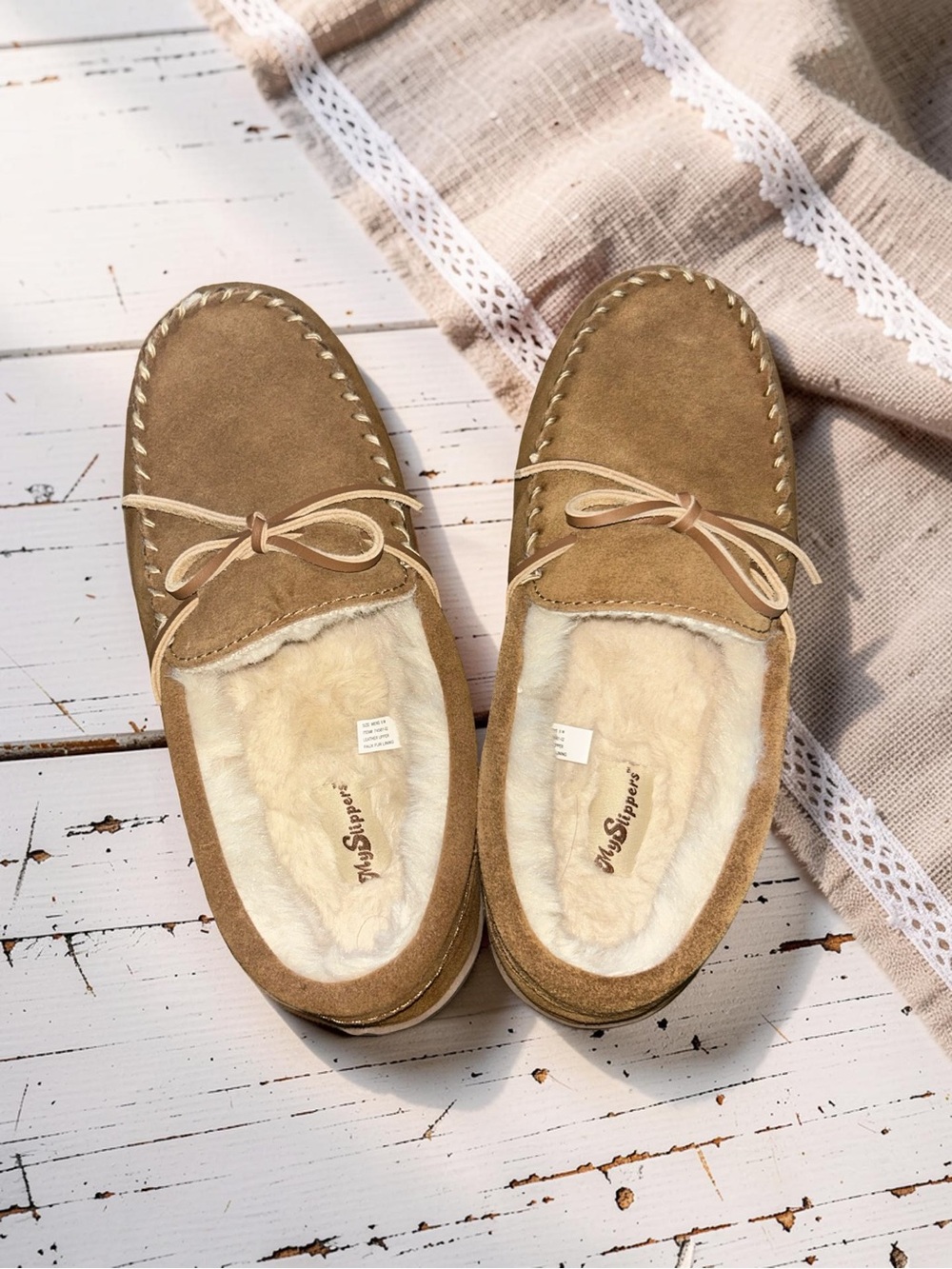 My Slippers Women’s Tan Suede Fleece-Lined Moccasin Slippers